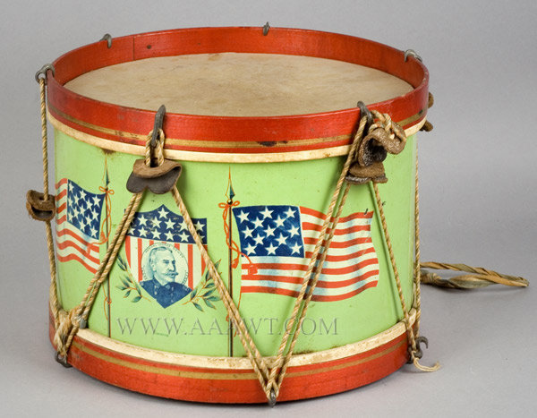Drum, Lithographed Tin Drum, Portraits of Admiral Dewey, American Flags, Image 1